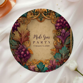 Plato De Papel Mardi Gras Mascarada de Hoja de Uva Opulenta