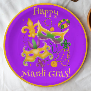 Plato De Papel Mardi Gras Mask Fleur de Lis Bebidas King Cake