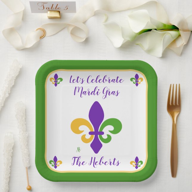 Plato De Papel Mardi Gras NAME Green Gold Purple Fleur de Lis (Boda)