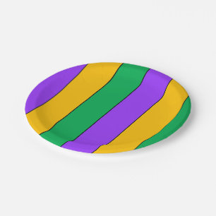 Plato De Papel Mardi Gras rayas patrón amarillo verde púrpura