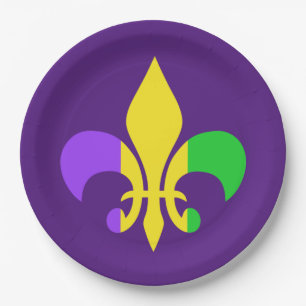 Plato De Papel Mardi Gras verde violeta amarilla