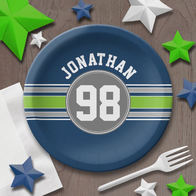 Plato De Papel Marea azul marina Green Sports Jersey Stripes Nomb (Personalized party plates - sports theme for birthday or any occasion)