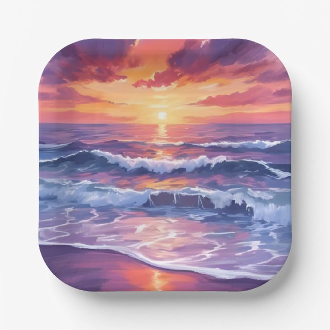 Plato De Papel Marea Violeta | Olas del Océano Puestas de Sol Púr (Anverso)