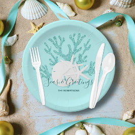 Plato De Papel Mares costeros y saludos Navidades Playa Aqua Blue