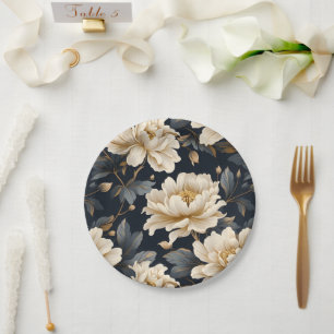 Plato De Papel Marfil Negro Floral Personalizado