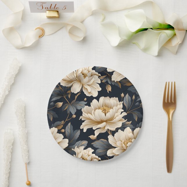 Plato De Papel Marfil Negro Floral Personalizado (Boda)