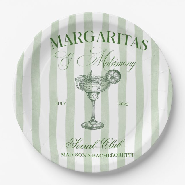 Plato De Papel Margaritas and Matrimony Striped Bachelorette (Anverso)