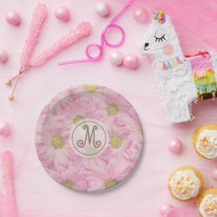 Plato De Papel Margaritas rosadas con monograma dorado personaliz