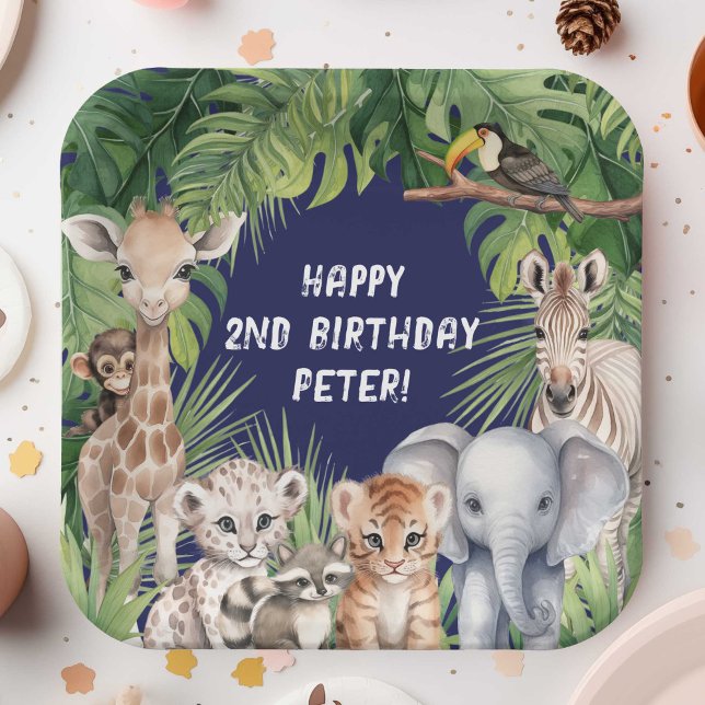 Plato De Papel Marihuana azul Jungla Animal tema Safari segundo c (Navy Blue Two Wild Boy 2nd Birthday party paper plates, Safari Themed Jungle animals birthday plate.)
