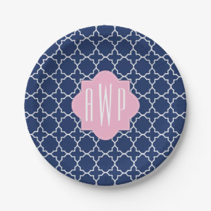 Plato De Papel Marina de guerra Quatrefoil + Monograma rosado