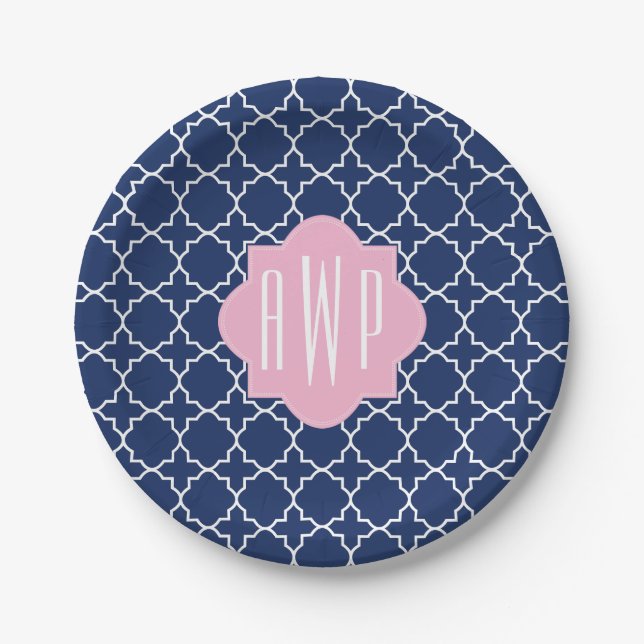 Plato De Papel Marina de guerra Quatrefoil + Monograma rosado (Anverso)