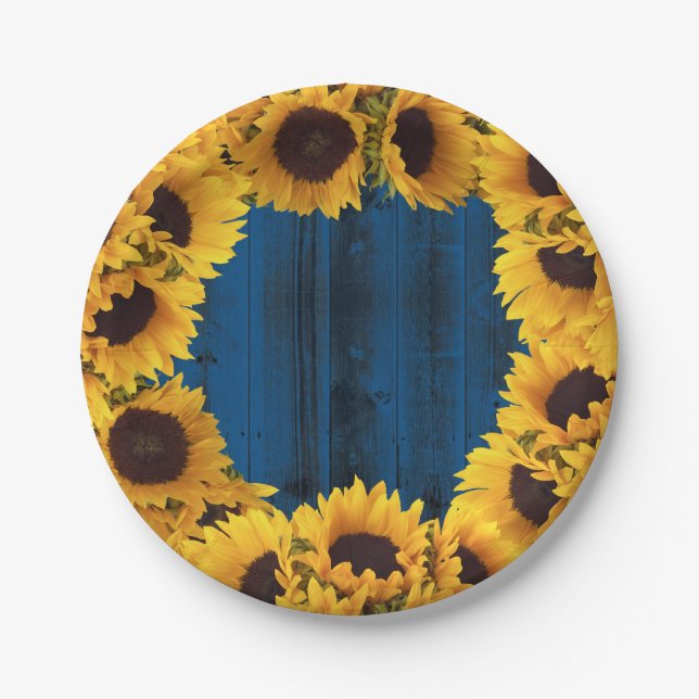 Plato De Papel Marina Rustic Sunflowers Madera de granero azul (Anverso)
