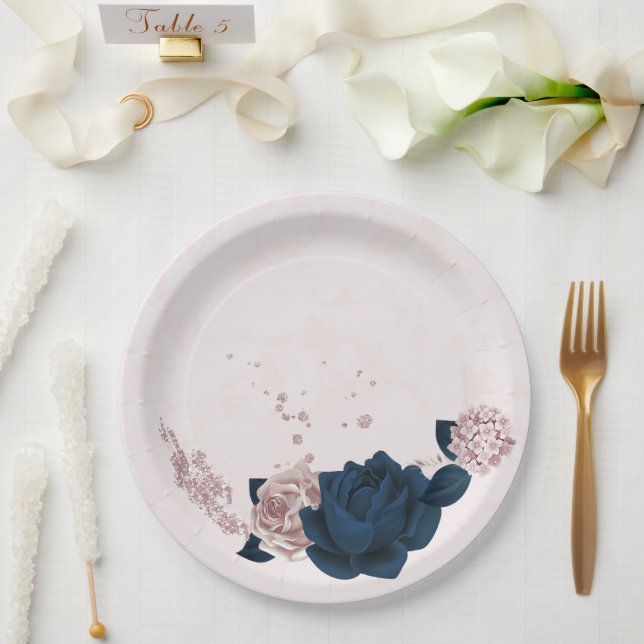 Plato De Papel marina y flores rosa polvoriento (Boda)