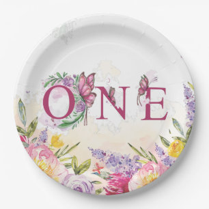 Plato De Papel Mariposa acuarela Floral Primer cumpleaños
