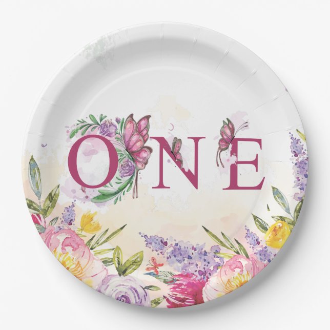 Plato De Papel Mariposa acuarela Floral Primer cumpleaños (Anverso)
