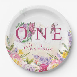 Plato De Papel Mariposa acuarela Floral Primer cumpleaños