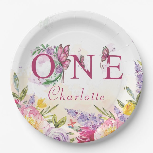 Plato De Papel Mariposa acuarela Floral Primer cumpleaños (Anverso)