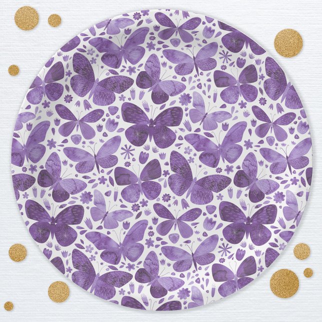 Plato De Papel Mariposa acuarela morado (Butterfly watercolor pattern purple party paper plates)