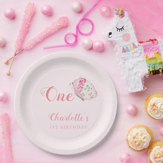 Plato De Papel Mariposa acuarela Primer Fiesta de cumpleaños Rosa (Fiesta)