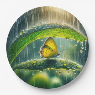 Plato De Papel Mariposa amarilla en una ducha de lluvia
