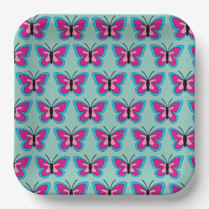 Plato De Papel Mariposa azul magenta rosa