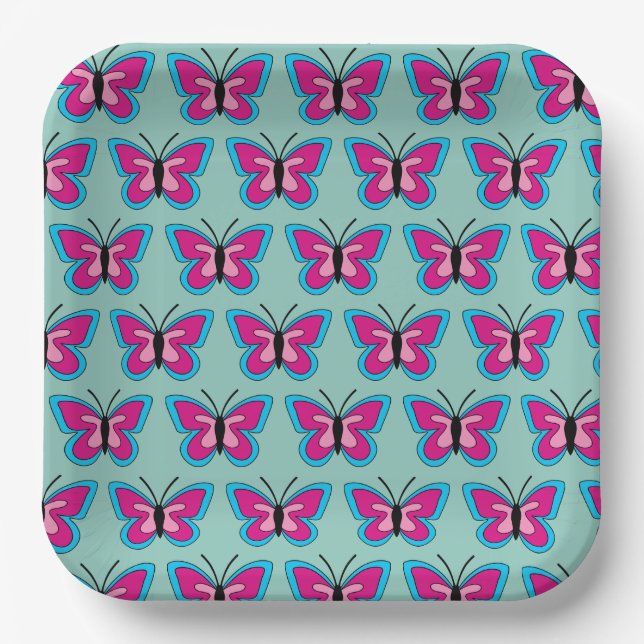 Plato De Papel Mariposa azul magenta rosa (Anverso)
