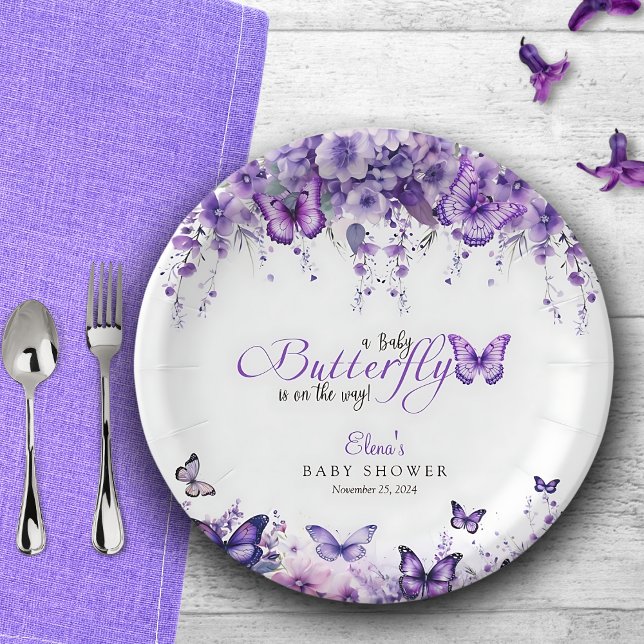 Plato De Papel Mariposa Baby Shower Elegant Purple Floral (Subido por el creador)