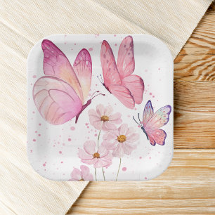 Plato De Papel Mariposa besa Baby Shower   Sin texto   Rosa