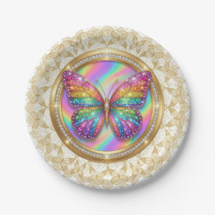 Plato De Papel Mariposa Brillante Arcoíris Elegante Fiesta de Enc