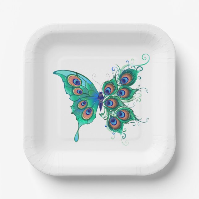 Plato De Papel Mariposa con plumas de pavo real verde (Anverso)