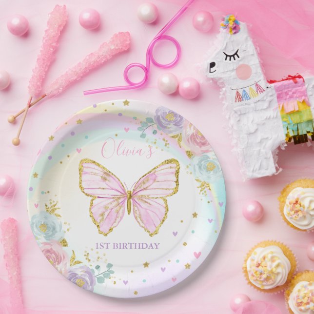 Plato De Papel Mariposa Cumpleaños Partido Mariposa Floral Rosa (Fiesta)