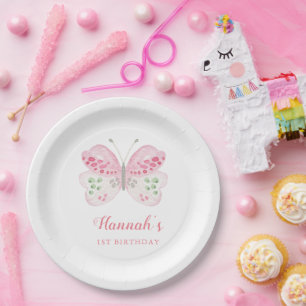 Plato De Papel Mariposa Cute Pink Watercolor Mariposa 1er cumplea