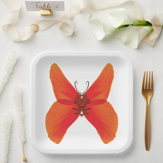 Plato De Papel Mariposa de amapola roja naranja con su nombre (Boda)
