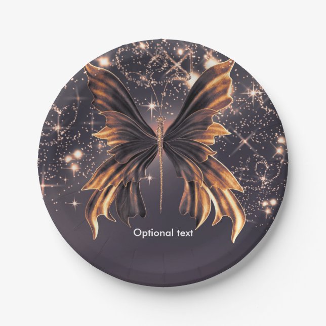 Plato De Papel Mariposa de Fantasía Brillo Dorado (Anverso)