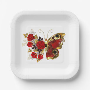 Plato De Papel Mariposa de flor roja con rosas rojas