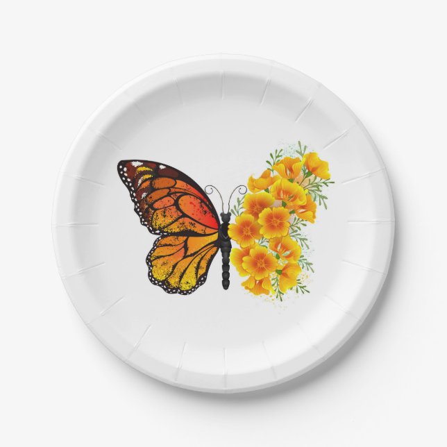 Plato De Papel Mariposa de flores con amapola amarilla de Califor (Anverso)