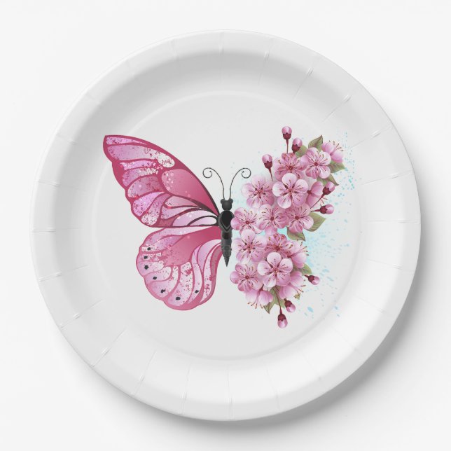 Plato De Papel Mariposa de flores con Sakura rosa (Anverso)