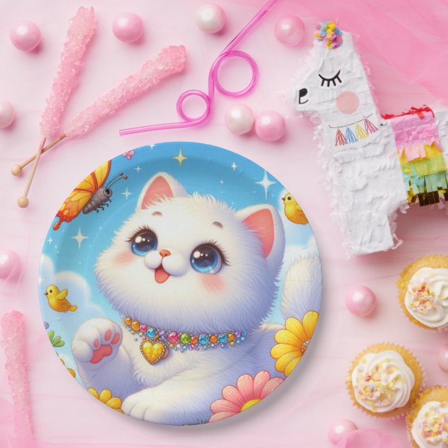 Plato De Papel Mariposa de gato blanco (Fiesta)