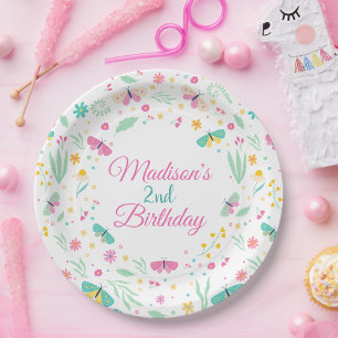 Plato De Papel Mariposa de Jardín Blanco 2º Cumpleaños para Niñas