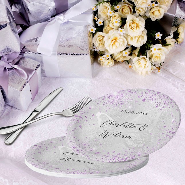 Plato De Papel Mariposa de lavanda plateada boda (Subido por el creador)