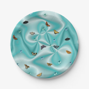 Plato De Papel Mariposa en la seda verde con perlas