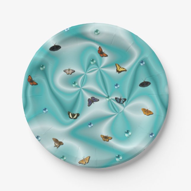 Plato De Papel Mariposa en la seda verde con perlas (Anverso)