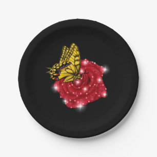 Plato De Papel Mariposa en rosa roja con estrellas y gotas de llu