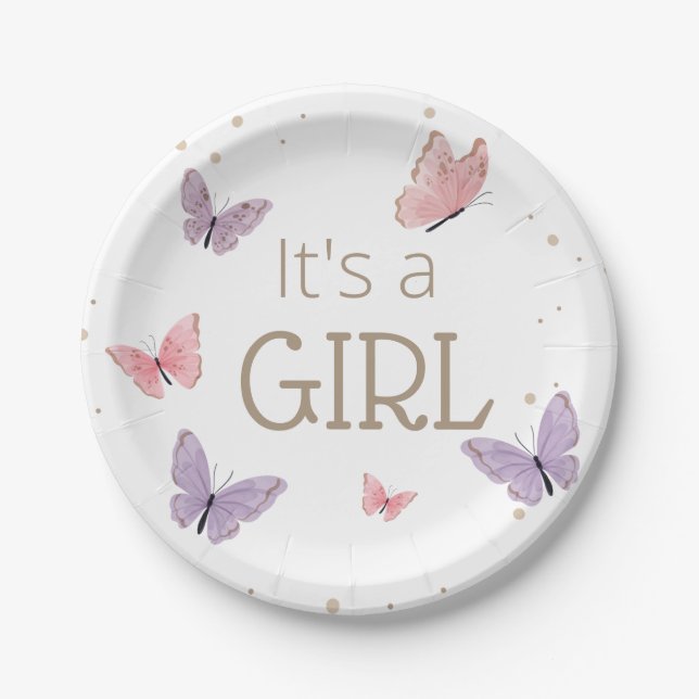 Plato De Papel Mariposa es un Baby Shower CHICA (Anverso)