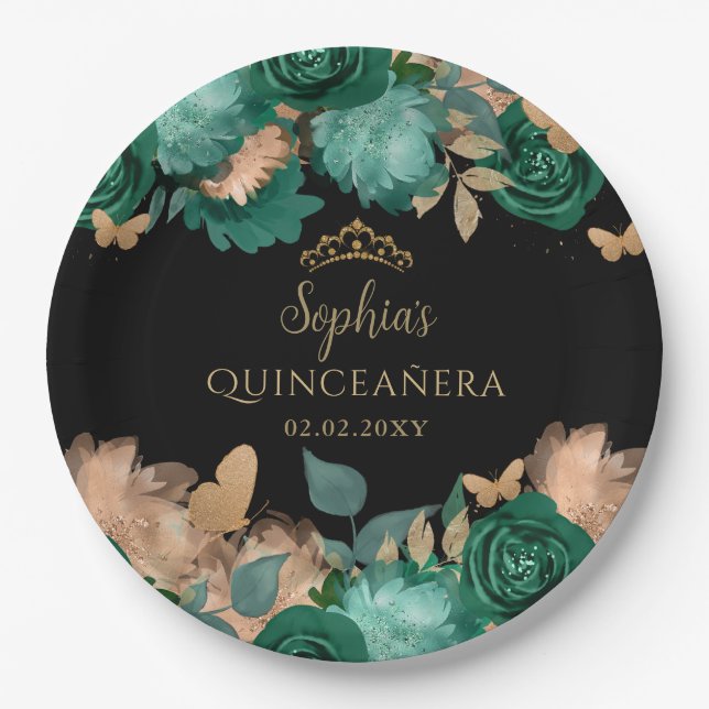Plato De Papel Mariposa floral de oro verde esmeralda Quinceañera (Anverso)