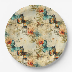 Plato De Papel Mariposa floral naranja azul verdoso antiguo