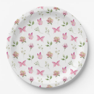 Plato De Papel Mariposa Floral Rosa Blanco Baby Shower