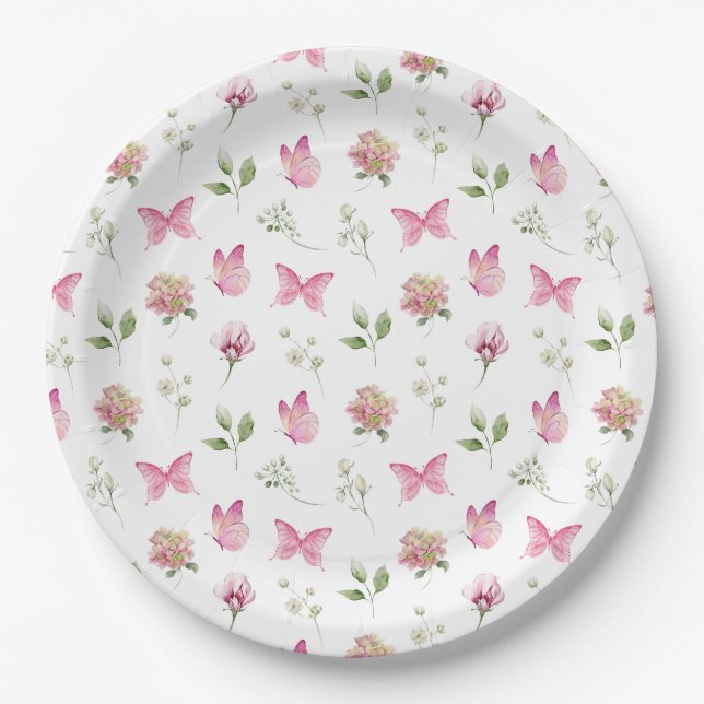 Plato De Papel Mariposa Floral Rosa Blanco Baby Shower (Anverso)