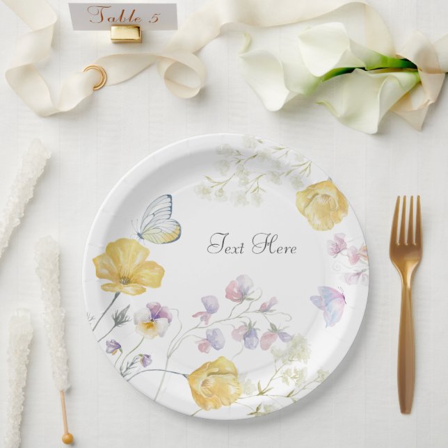 Plato De Papel Mariposa floral silvestre elegante (Boda)