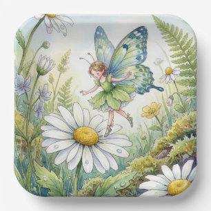 Plato De Papel Mariposa Hada En un Jardín de Margaritas